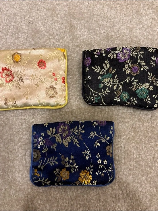 Asian Chinese Blue Black Gold Mini Pouch Bag Lot of 3 Floral Pattern Zip Button - Picture 2 of 12